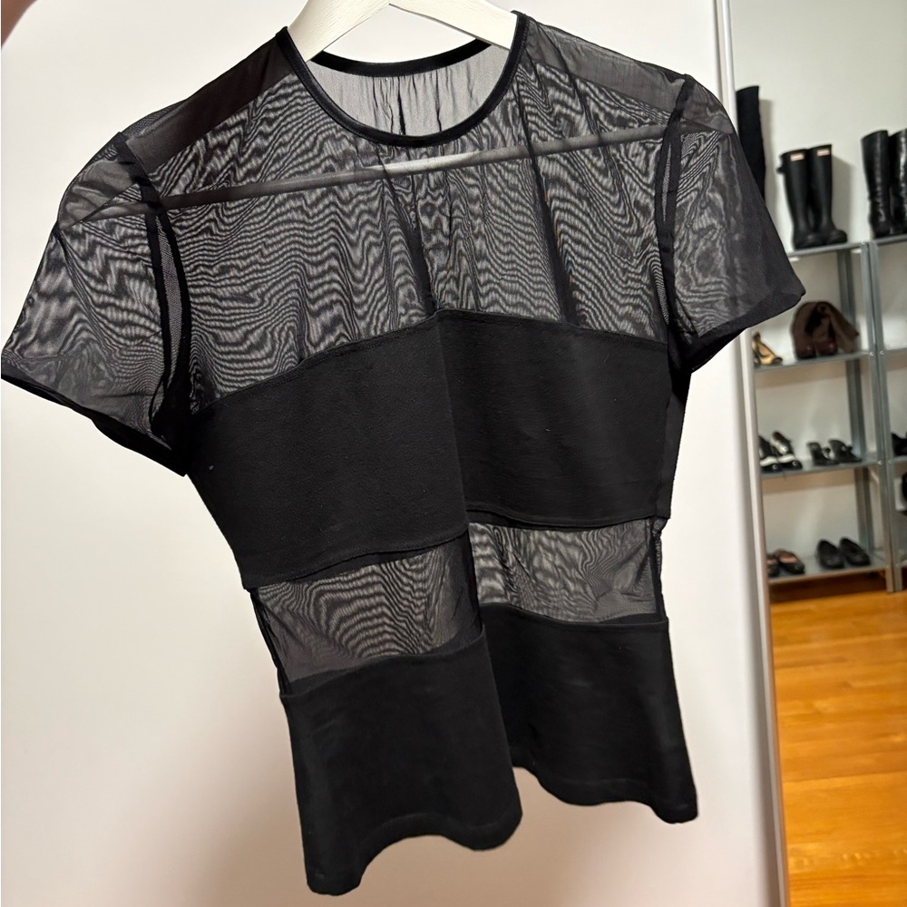 Escada Black Sheer Panel Short Sleeve Top
